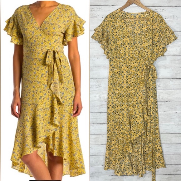 Max Studio Dresses & Skirts - Max Studio Yellow Floral Wrap Dress Ruffle Hem Midi Size M